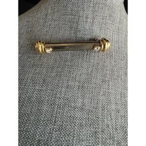 Jesera Bar Pin Brooch Vintage Silver Gold Tone Faux Pearl Crystal Classic 90s